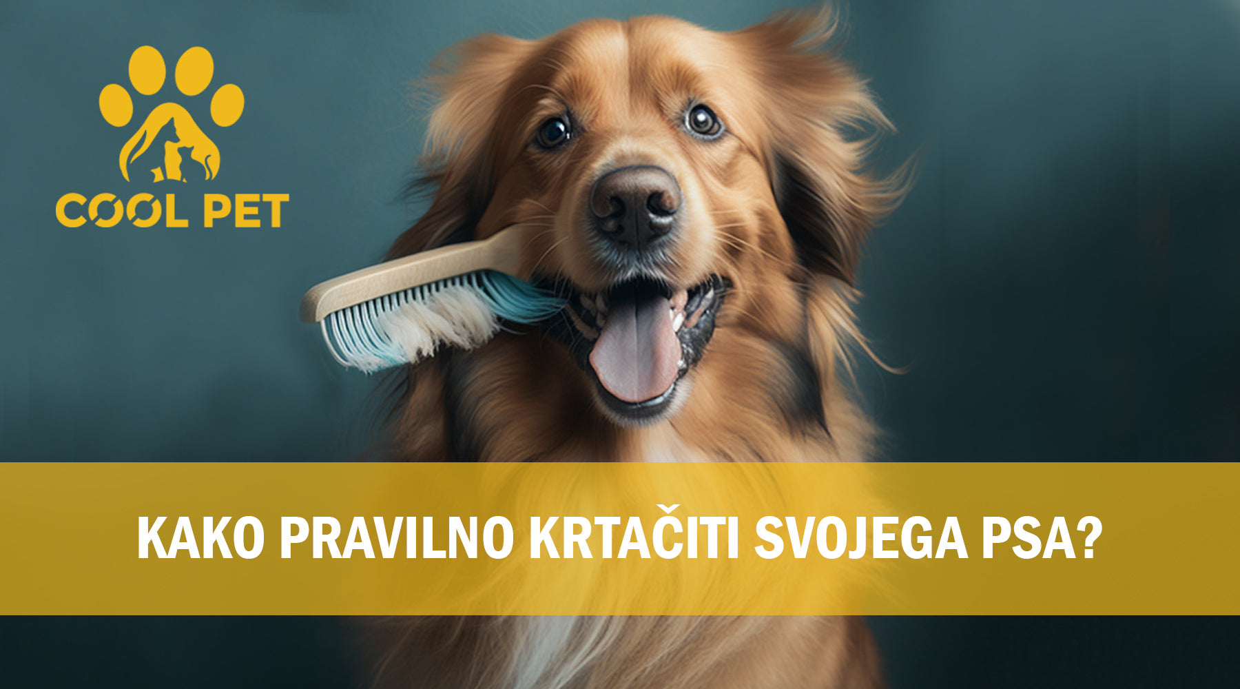 Pes z krtačo v ustih in napisom cez sliko