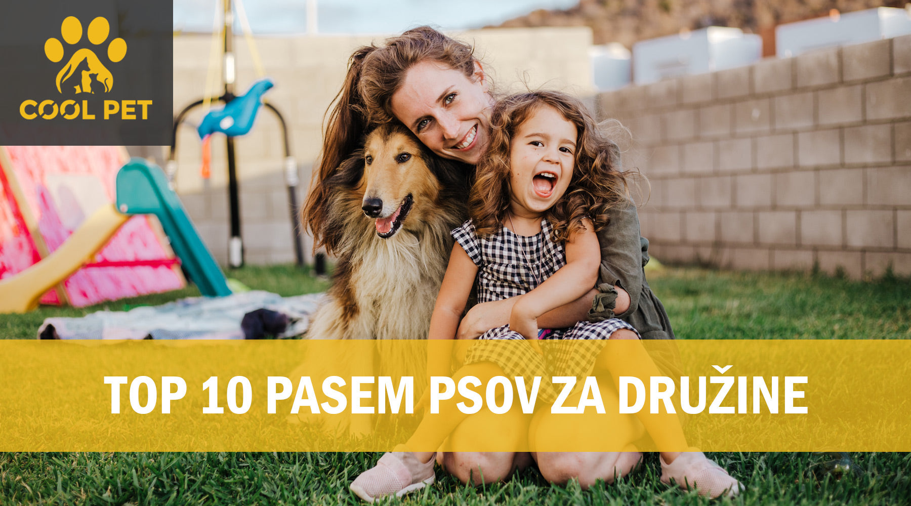 Hčerka, mati in pes v objemu na vrtu