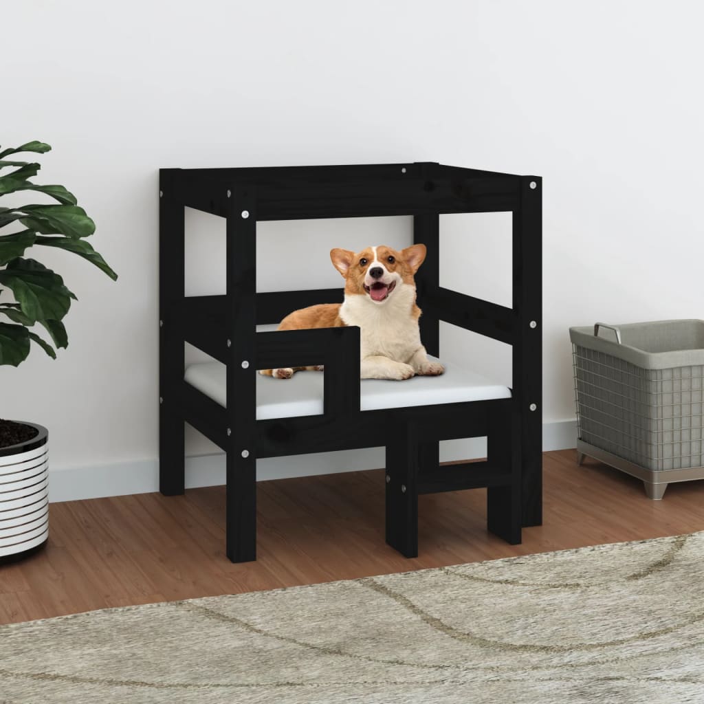 Elegantna lesena postelja za pse v črni barvi.